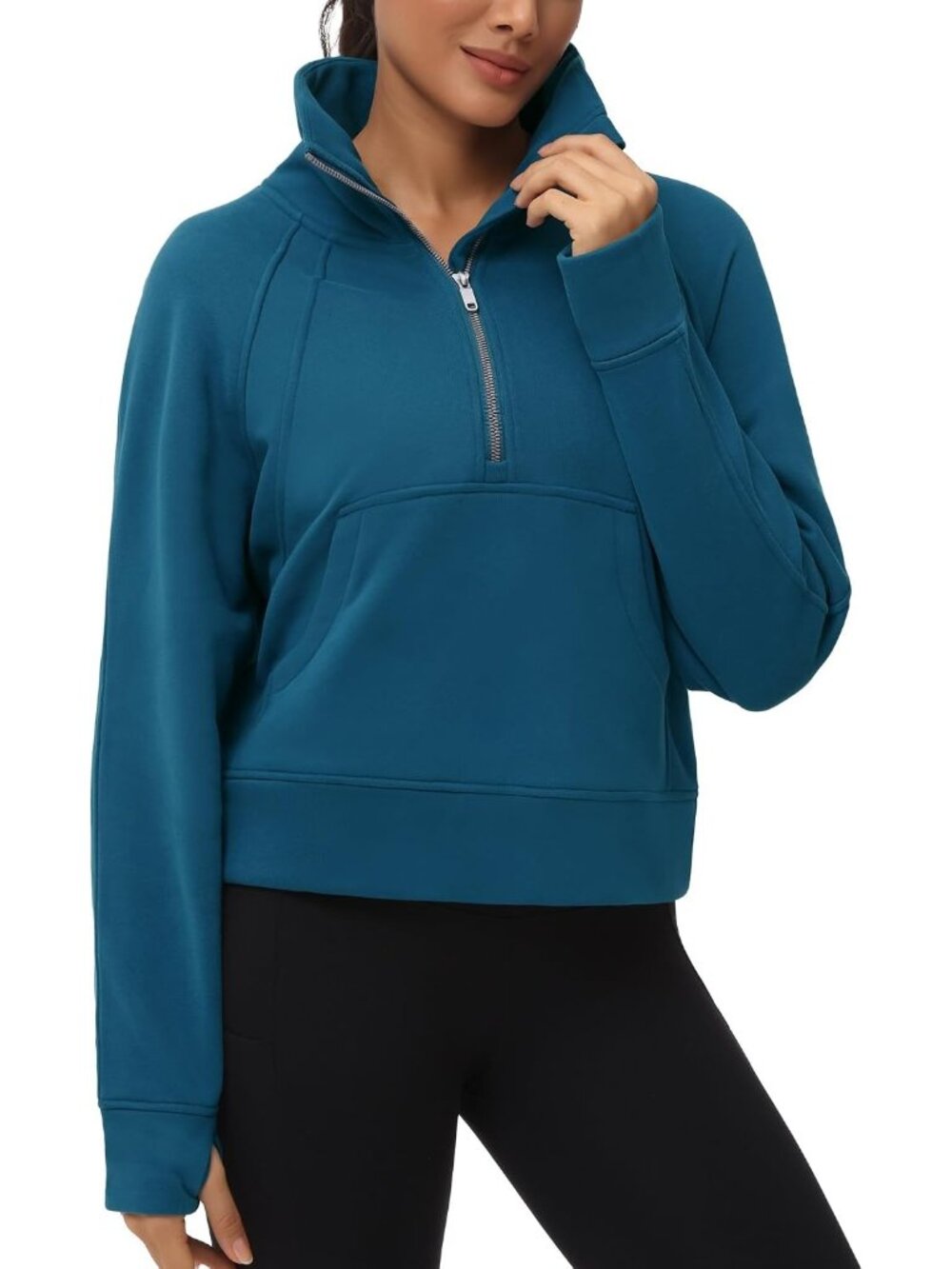Women's Teal Blue Fleece Lined Stand Collar Half Zip Thumb Holes Crop Sweatshirt